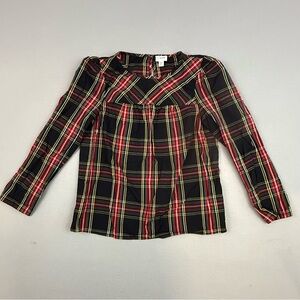 J. Crew Blouse Women's Petite Small Long Sleeve Holiday Red Black Tartan Plaid